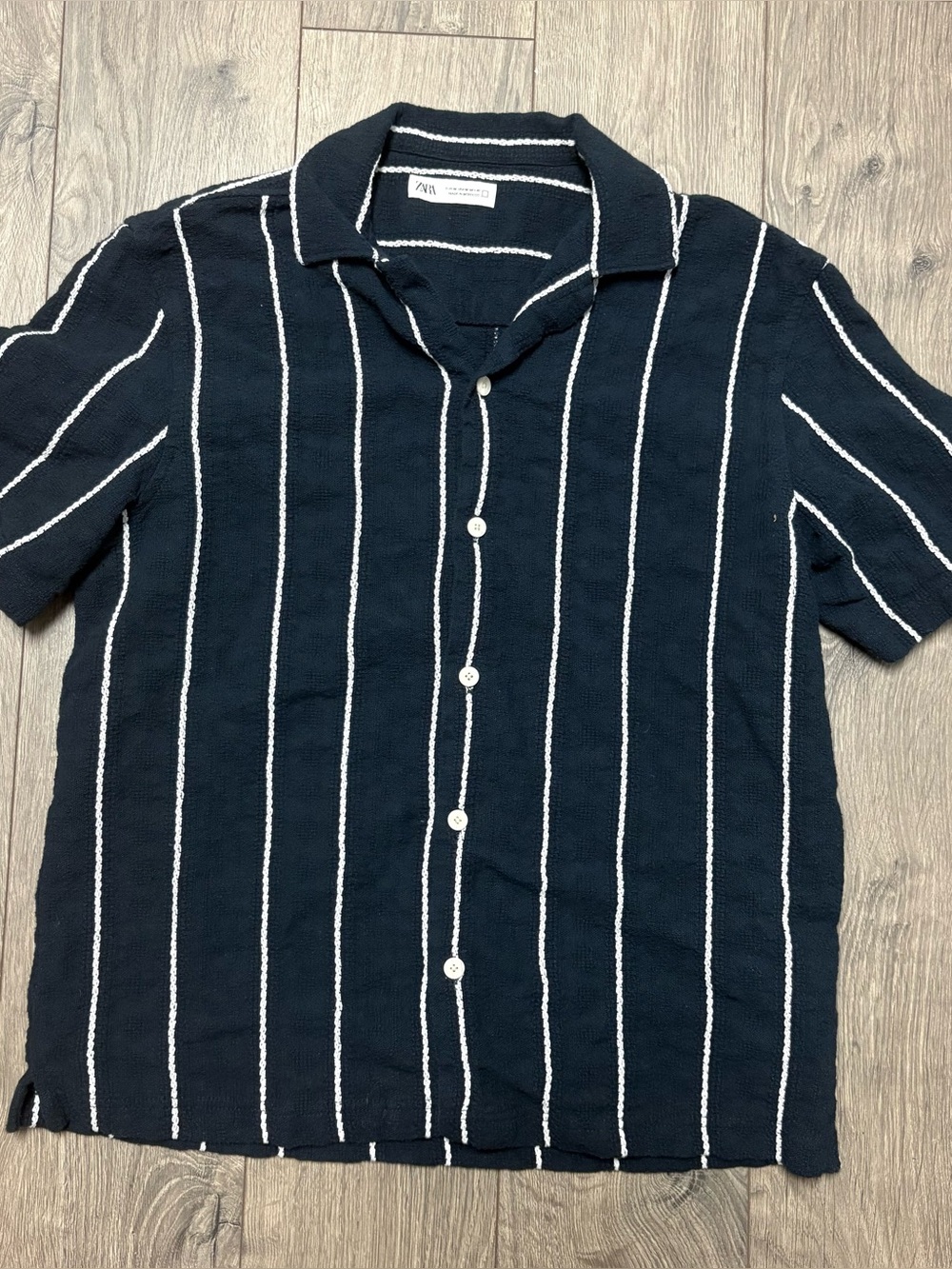 Zara preppy striped button up collared short sleeve shirt medium